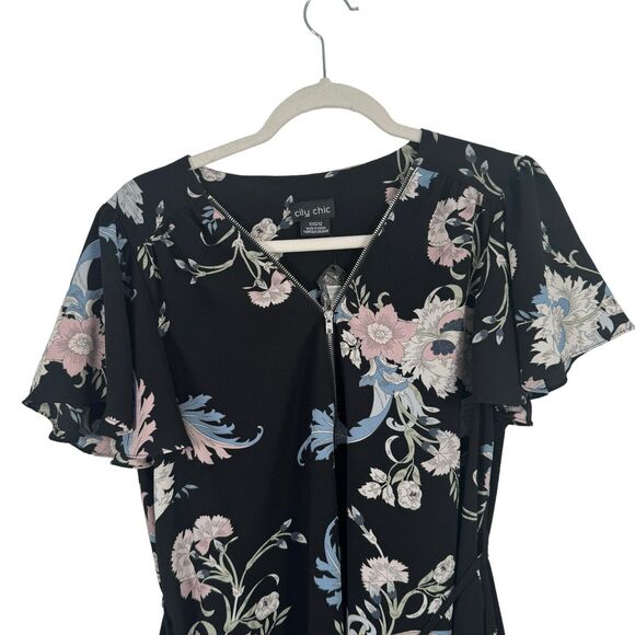 City Chic Nouveau Black Floral Dress Zip Front Flowy Boho NWT Womens XXS 12 - Picture 3 of 9